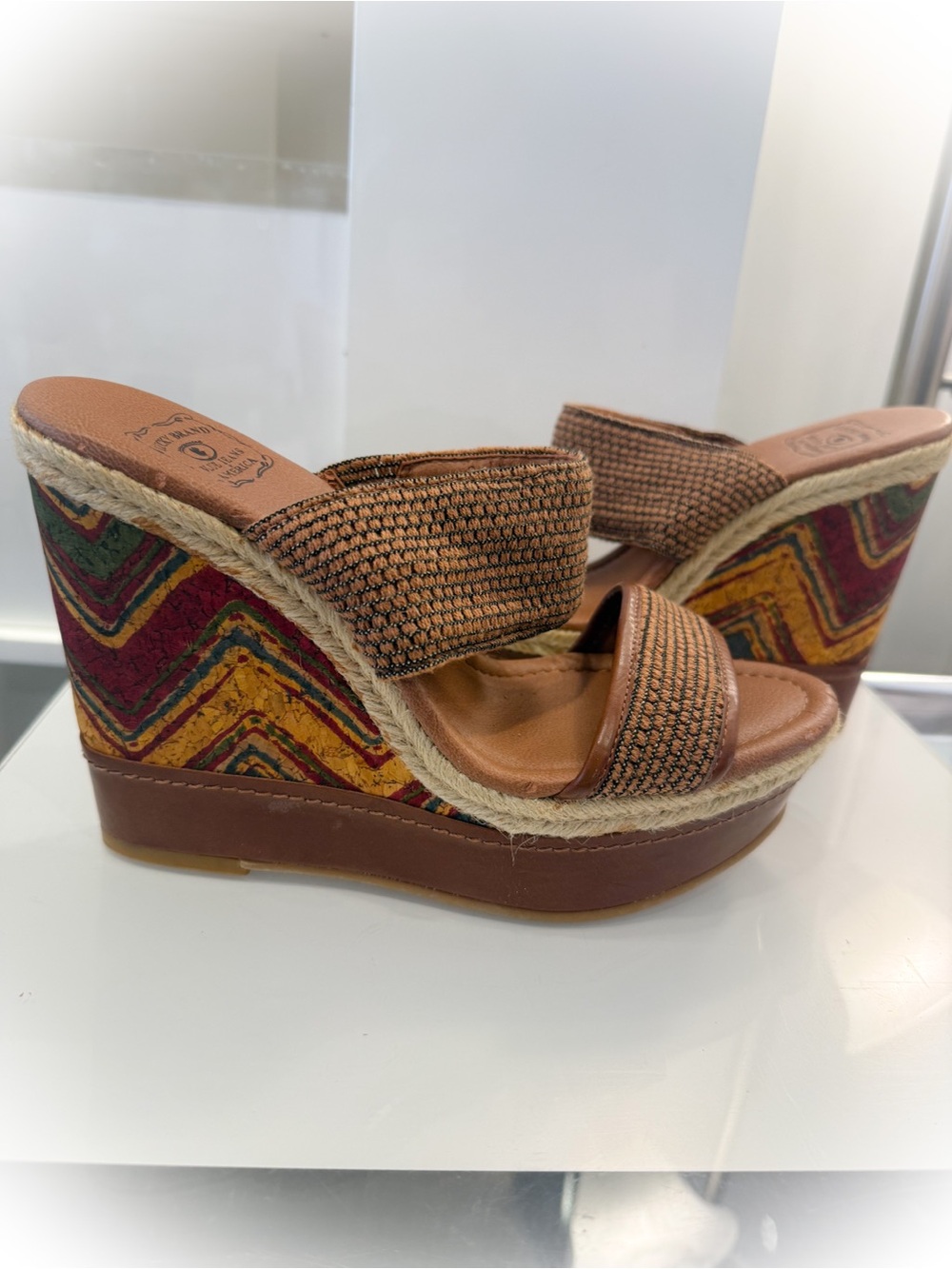Lucky Brand Brown Woven Chevron-Pattern Wedge Sandals